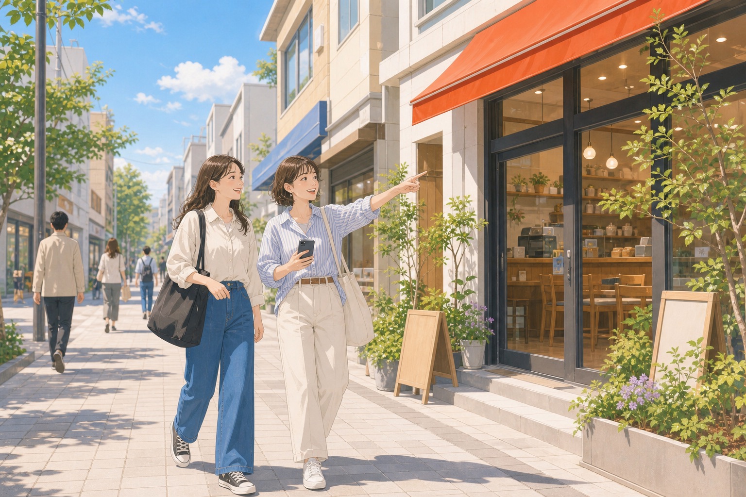 商店街でスマホを見ながらお店を見つけた2人のイラスト