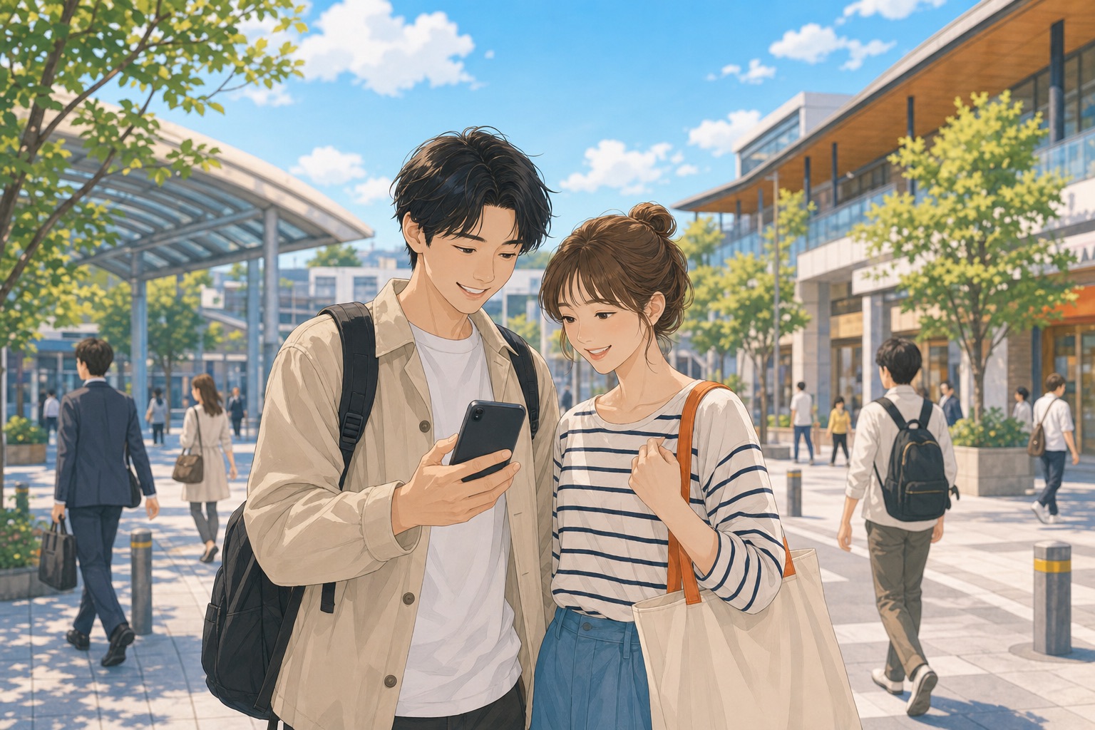 夕方の山科駅前を行き交う人たちのイラスト