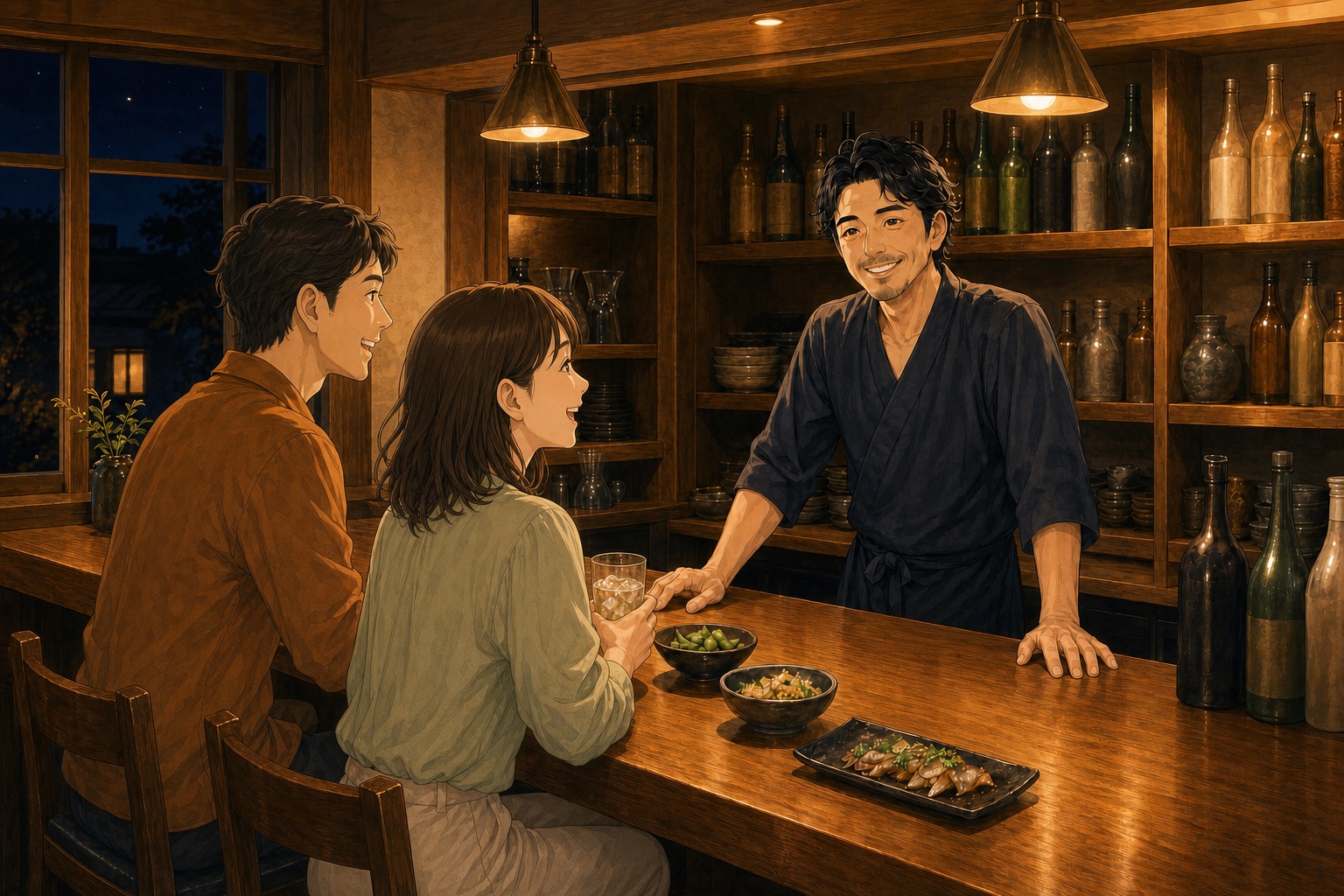 夜、店主と男女2人のお客がカウンター越しに親しく談笑するバーのイラスト