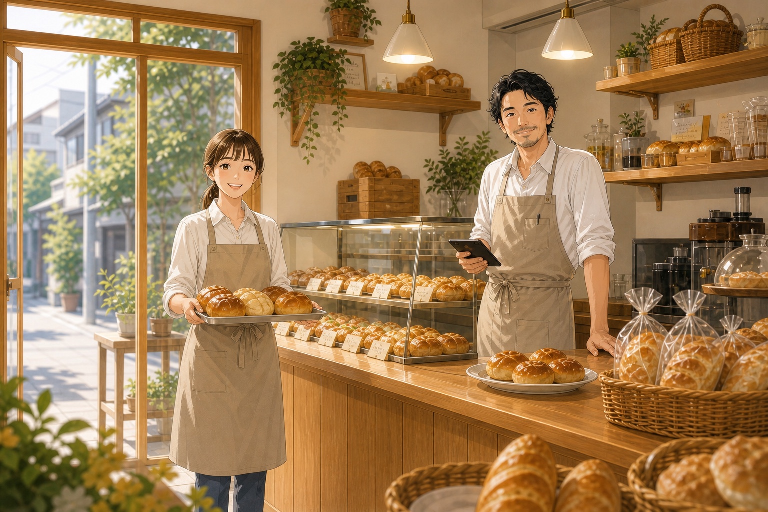 明るいベーカリーで店主と店員が接客するイラスト